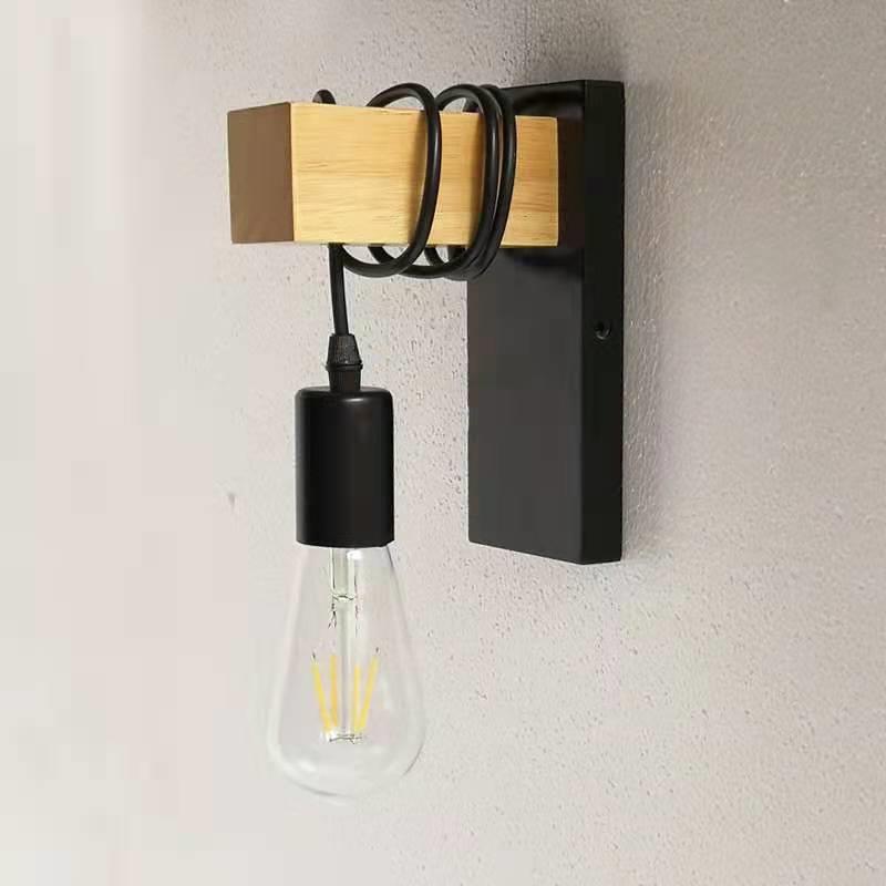 Contemporary Industrial Rectangular Square Base Wood Arm Glass 1-Light Wall Sconce Lamp For Bedroom