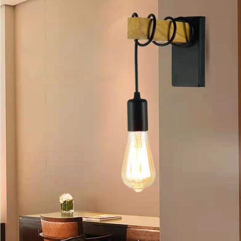 Contemporary Industrial Rectangular Square Base Wood Arm Glass 1-Light Wall Sconce Lamp For Bedroom