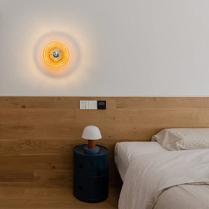 Modern Art Deco Colored Glass Stripes Round Disk Iron 1-Light Wall Sconce Lamp For Bedroom