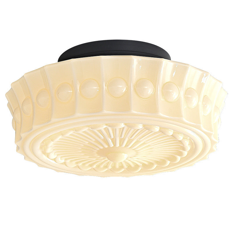 Contemporary Retro Iron Glass Lace Floral Relief Pattern Drum Shade 3-Light Semi-Flush Mount Ceiling Light For Living Room