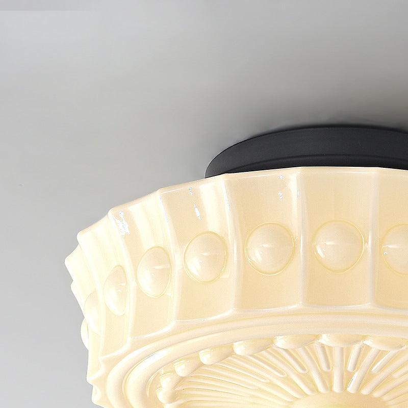 Contemporary Retro Iron Glass Lace Floral Relief Pattern Drum Shade 3-Light Semi-Flush Mount Ceiling Light For Living Room