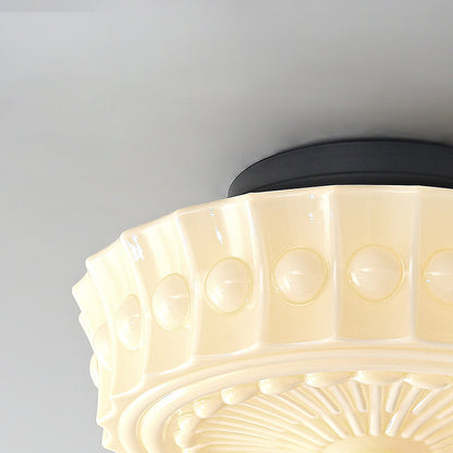 Contemporary Retro Iron Glass Lace Floral Relief Pattern Drum Shade 3-Light Semi-Flush Mount Ceiling Light For Living Room