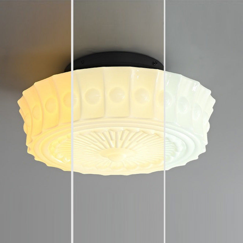 Contemporary Retro Iron Glass Lace Floral Relief Pattern Drum Shade 3-Light Semi-Flush Mount Ceiling Light For Living Room