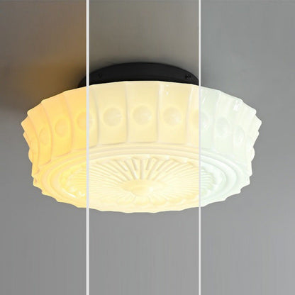 Contemporary Retro Iron Glass Lace Floral Relief Pattern Drum Shade 3-Light Semi-Flush Mount Ceiling Light For Living Room