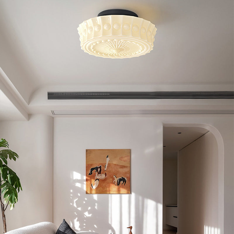 Contemporary Retro Iron Glass Lace Floral Relief Pattern Drum Shade 3-Light Semi-Flush Mount Ceiling Light For Living Room