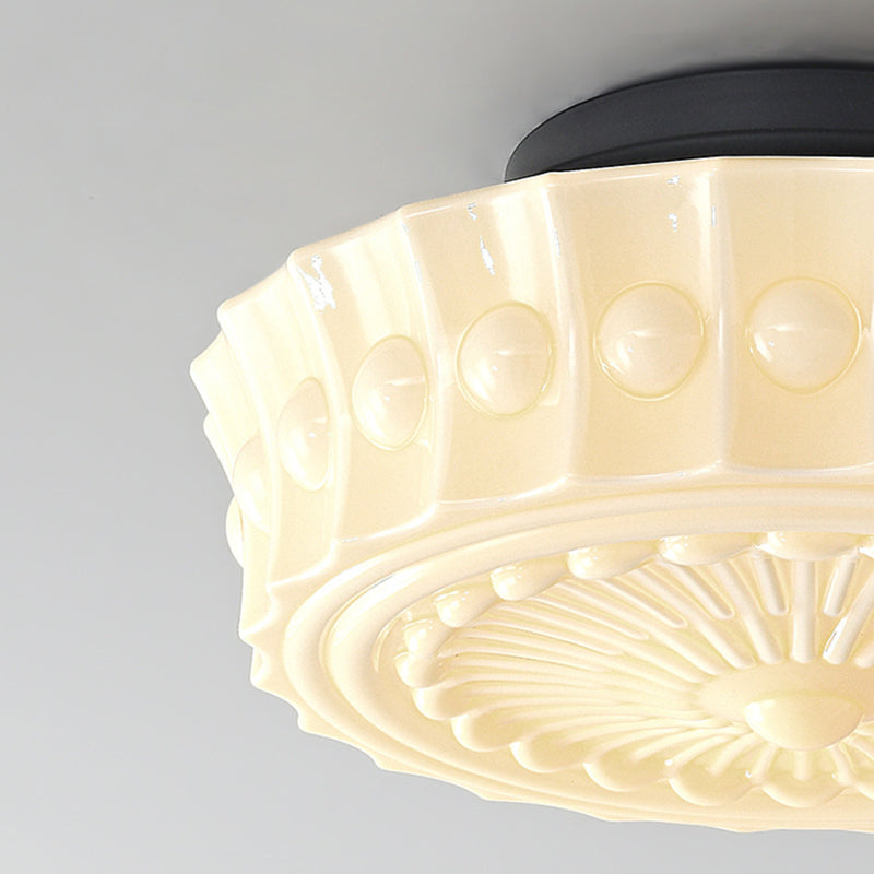 Contemporary Retro Iron Glass Lace Floral Relief Pattern Drum Shade 3-Light Semi-Flush Mount Ceiling Light For Living Room