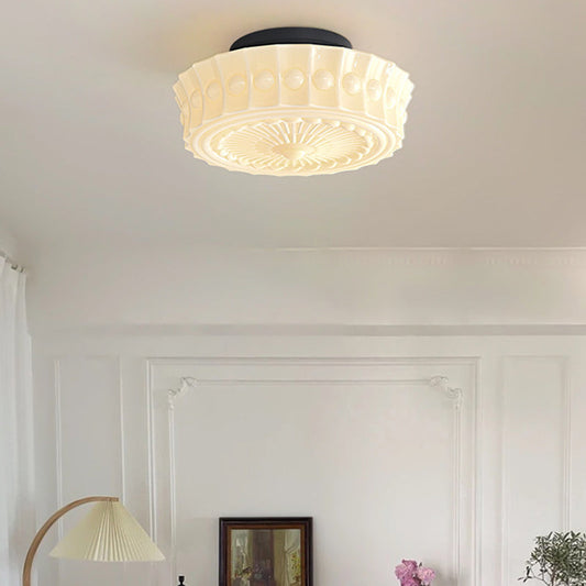 Contemporary Retro Iron Glass Lace Floral Relief Pattern Drum Shade 3-Light Semi-Flush Mount Ceiling Light For Living Room