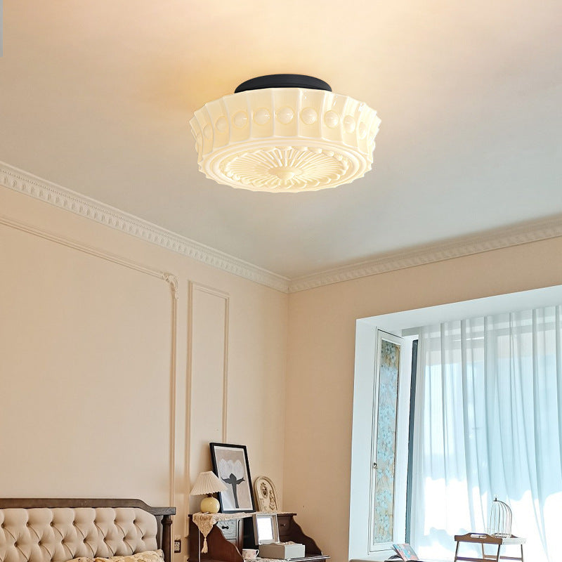 Contemporary Retro Iron Glass Lace Floral Relief Pattern Drum Shade 3-Light Semi-Flush Mount Ceiling Light For Living Room
