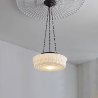 Contemporary Retro Iron Glass Lace Floral Relief Pattern Drum Shade 3-Light Chandelier For Living Room