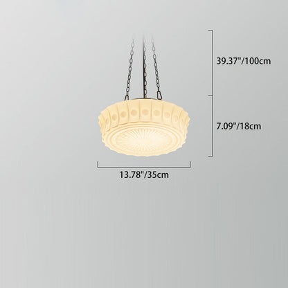 Contemporary Retro Iron Glass Lace Floral Relief Pattern Drum Shade 3-Light Chandelier For Living Room