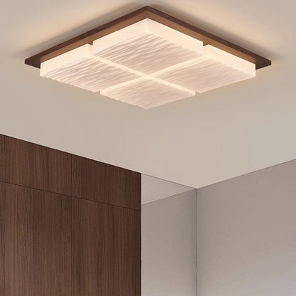 Traditional Japanese Acrylic Wood Base Rectangular Square Blocks Water Grain LED Flush Mount Ceiling Light For Hallway