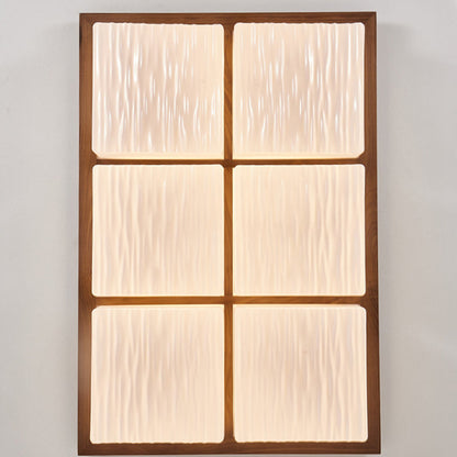 Traditional Japanese Acrylic Wood Base Rectangular Square Blocks Water Grain LED Flush Mount Ceiling Light For Hallway