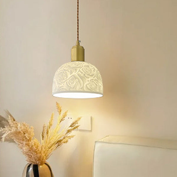 Contemporary Nordic Rose Pattern Ceramic Shade Brass 1-Light Pendant Light For Living Room