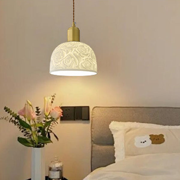 Contemporary Nordic Rose Pattern Ceramic Shade Brass 1-Light Pendant Light For Living Room