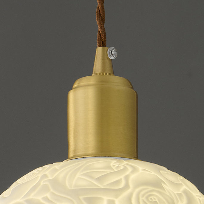 Contemporary Nordic Rose Pattern Ceramic Shade Brass 1-Light Pendant Light For Living Room