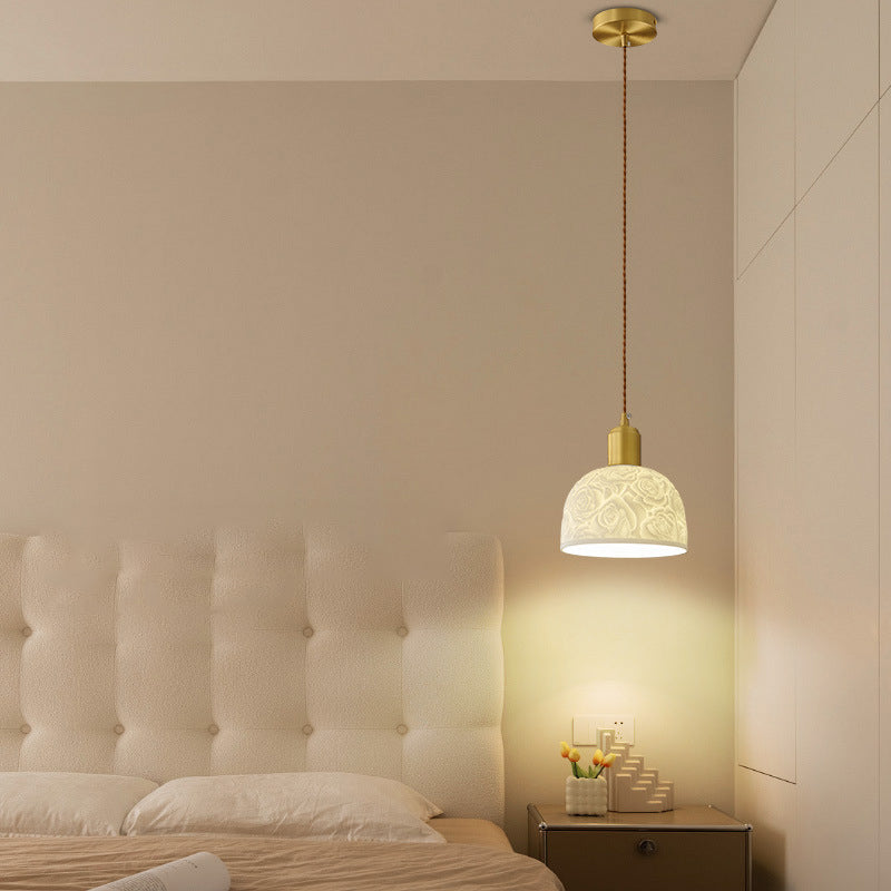 Contemporary Nordic Rose Pattern Ceramic Shade Brass 1-Light Pendant Light For Living Room