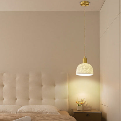 Contemporary Nordic Rose Pattern Ceramic Shade Brass 1-Light Pendant Light For Living Room