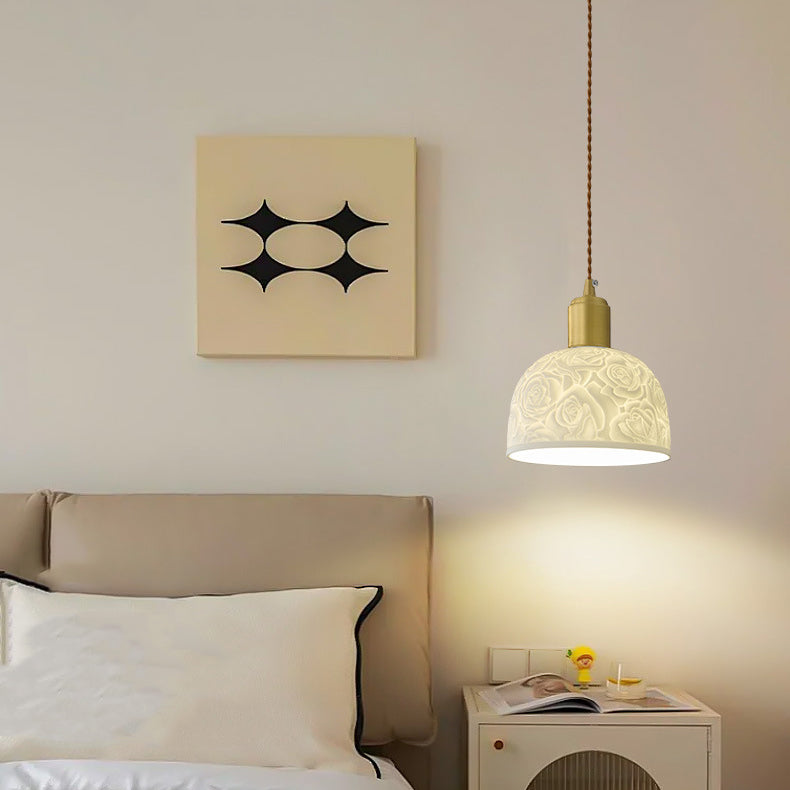 Contemporary Nordic Rose Pattern Ceramic Shade Brass 1-Light Pendant Light For Living Room