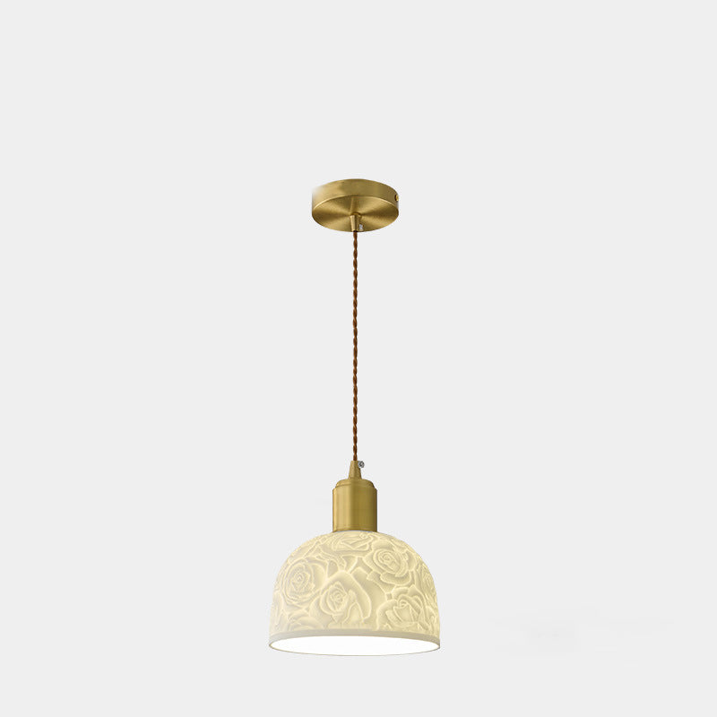 Contemporary Nordic Rose Pattern Ceramic Shade Brass 1-Light Pendant Light For Living Room