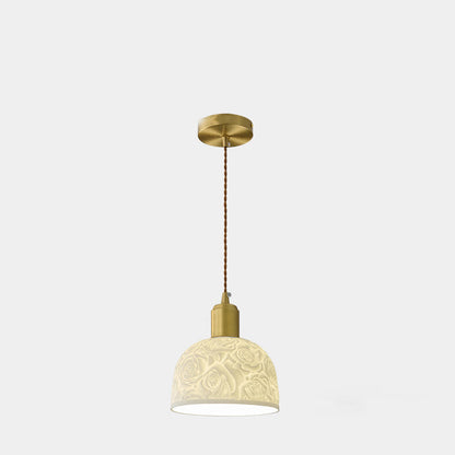 Contemporary Nordic Rose Pattern Ceramic Shade Brass 1-Light Pendant Light For Living Room