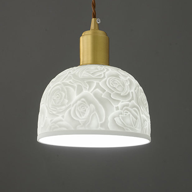 Contemporary Nordic Rose Pattern Ceramic Shade Brass 1-Light Pendant Light For Living Room
