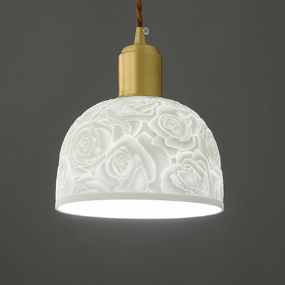 Contemporary Nordic Rose Pattern Ceramic Shade Brass 1-Light Pendant Light For Living Room