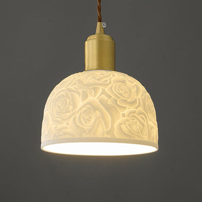 Contemporary Nordic Rose Pattern Ceramic Shade Brass 1-Light Pendant Light For Living Room