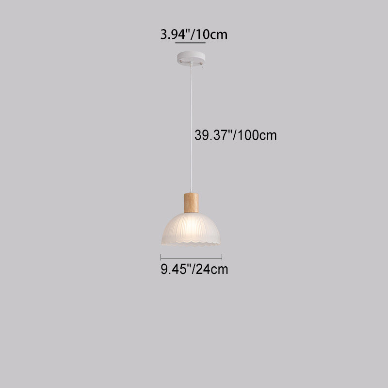 Contemporary Nordic Round Dome Wood Glass Shade 1-Light Pendant Light For Living Room