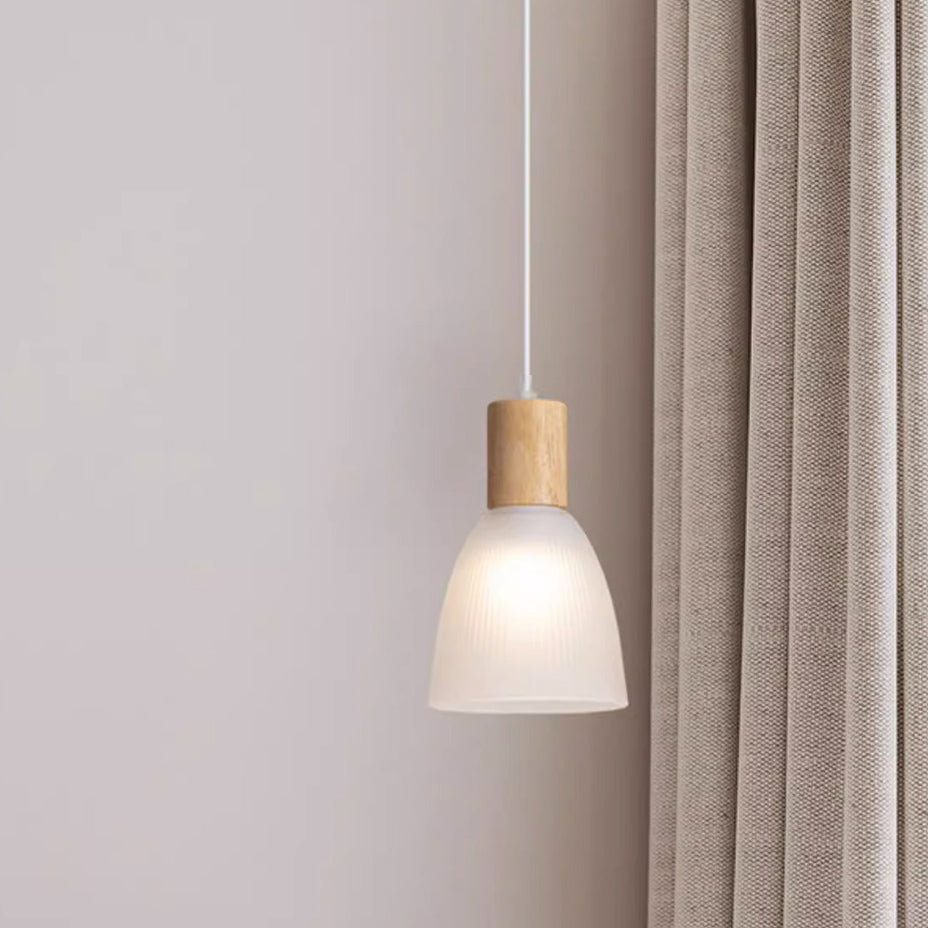 Contemporary Nordic Round Dome Wood Glass Shade 1-Light Pendant Light For Living Room