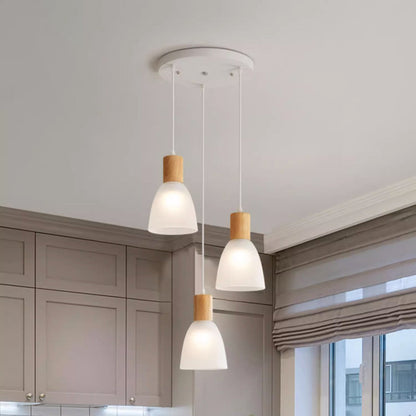 Contemporary Nordic Round Dome Wood Base Glass Shade 3-Light Chandeliers For Dining Room