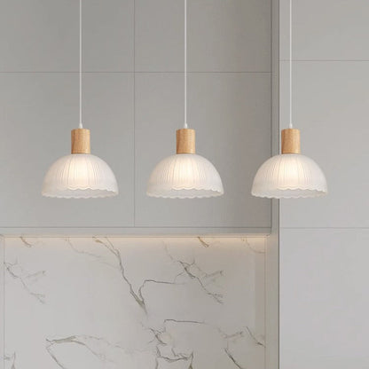 Contemporary Nordic Round Dome Wood Base Glass Shade 3-Light Chandeliers For Dining Room