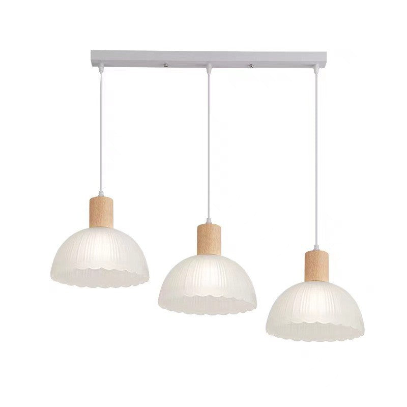 Contemporary Nordic Round Dome Wood Base Glass Shade 3-Light Chandeliers For Dining Room