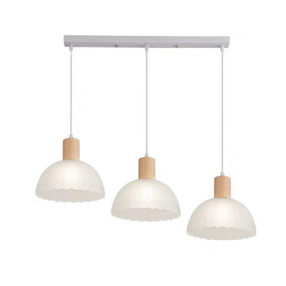 Contemporary Nordic Round Dome Wood Base Glass Shade 3-Light Chandeliers For Dining Room