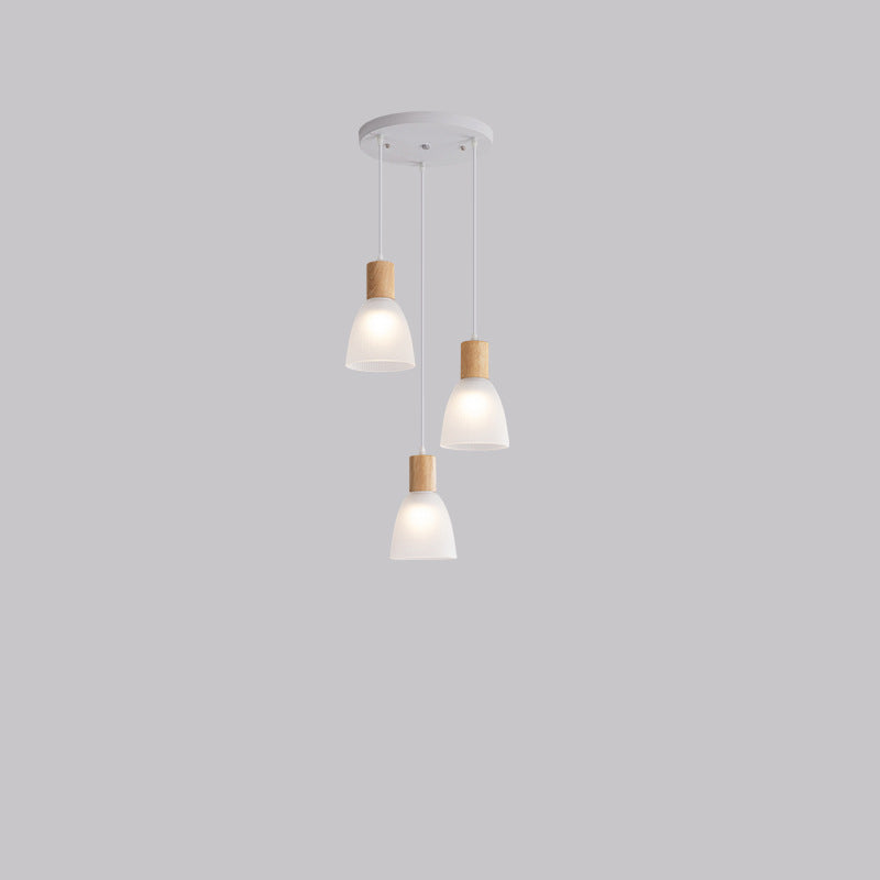 Contemporary Nordic Round Dome Wood Base Glass Shade 3-Light Chandeliers For Dining Room