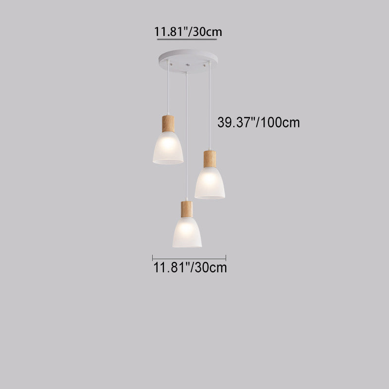 Contemporary Nordic Round Dome Wood Base Glass Shade 3-Light Chandeliers For Dining Room