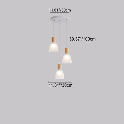 Contemporary Nordic Round Dome Wood Base Glass Shade 3-Light Chandeliers For Dining Room