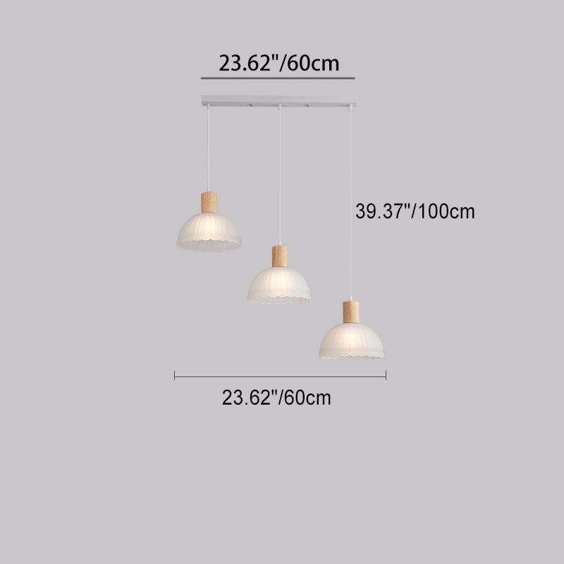 Contemporary Nordic Round Dome Wood Base Glass Shade 3-Light Chandeliers For Dining Room
