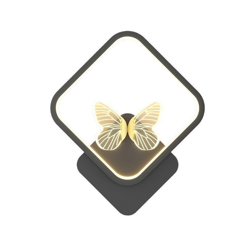 Contemporary Creative Enamel Iron Round Square Frame Butterfly LED Wall Sconce Lamp For Bedroom