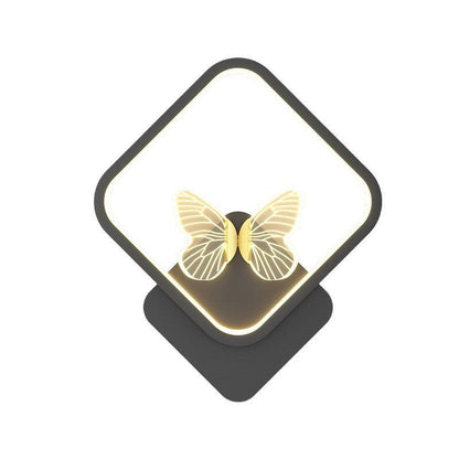 Contemporary Creative Enamel Iron Round Square Frame Butterfly LED Wall Sconce Lamp For Bedroom