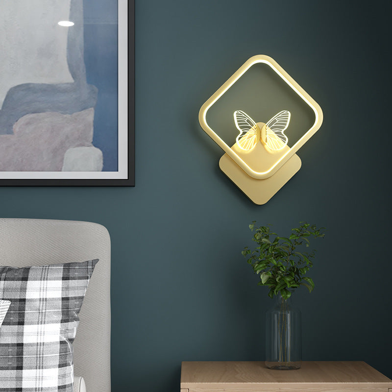 Contemporary Creative Enamel Iron Round Square Frame Butterfly LED Wall Sconce Lamp For Bedroom