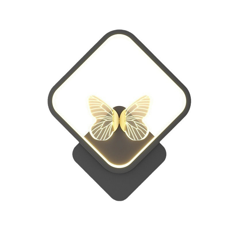 Contemporary Creative Enamel Iron Round Square Frame Butterfly LED Wall Sconce Lamp For Bedroom