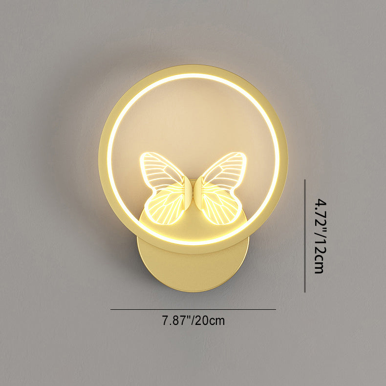 Contemporary Creative Enamel Iron Round Square Frame Butterfly LED Wall Sconce Lamp For Bedroom