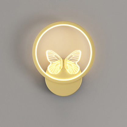 Contemporary Creative Enamel Iron Round Square Frame Butterfly LED Wall Sconce Lamp For Bedroom