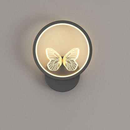 Contemporary Creative Enamel Iron Round Square Frame Butterfly LED Wall Sconce Lamp For Bedroom