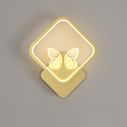 Contemporary Creative Enamel Iron Round Square Frame Butterfly LED Wall Sconce Lamp For Bedroom
