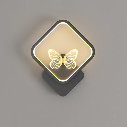 Contemporary Creative Enamel Iron Round Square Frame Butterfly LED Wall Sconce Lamp For Bedroom