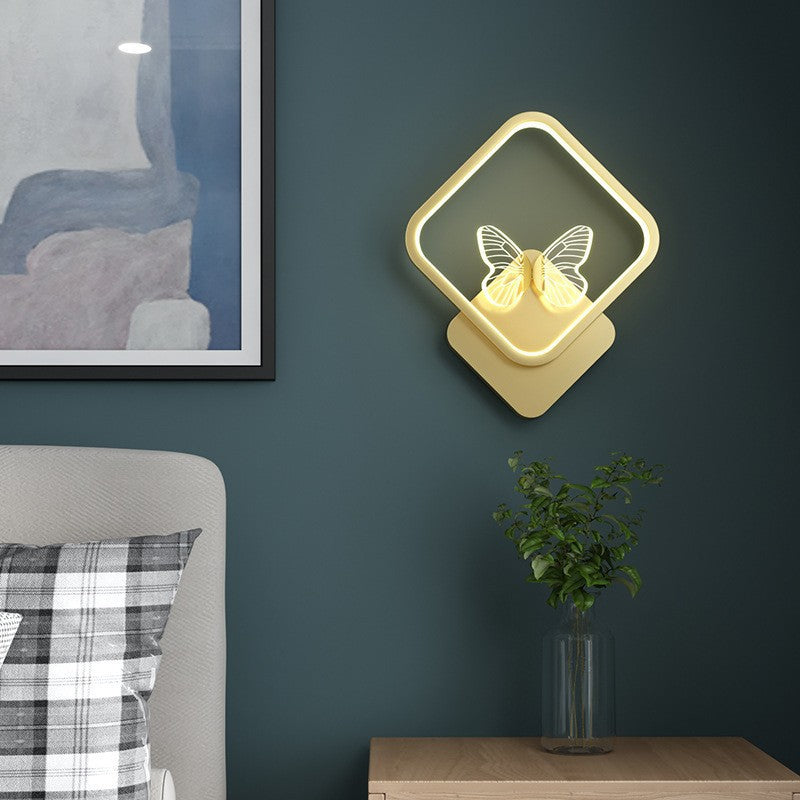 Contemporary Creative Enamel Iron Round Square Frame Butterfly LED Wall Sconce Lamp For Bedroom
