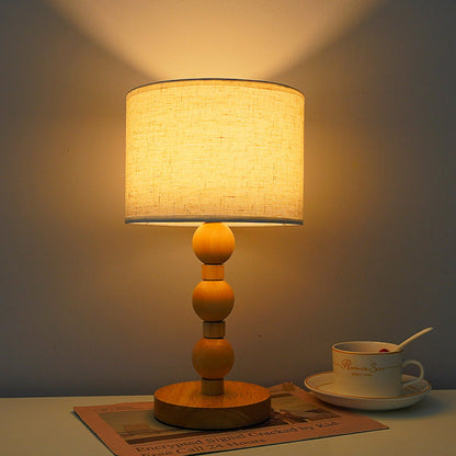 Contemporary Retro USB Cylinder Fabric Shade Wood Bead Base LED Table Lamp For Bedroom