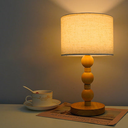 Contemporary Retro USB Cylinder Fabric Shade Wood Bead Base LED Table Lamp For Bedroom