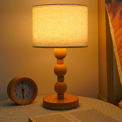 Contemporary Retro USB Cylinder Fabric Shade Wood Bead Base LED Table Lamp For Bedroom
